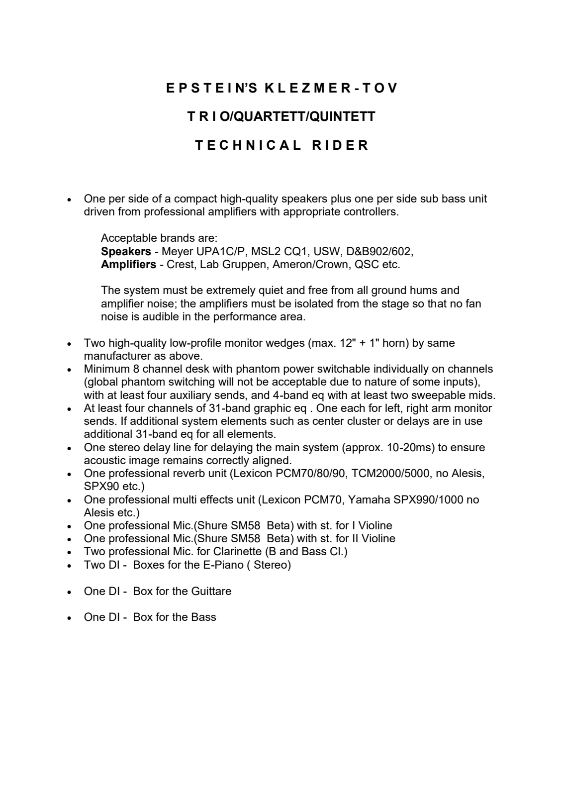 Technical rider · English · trio, quartet, quintet